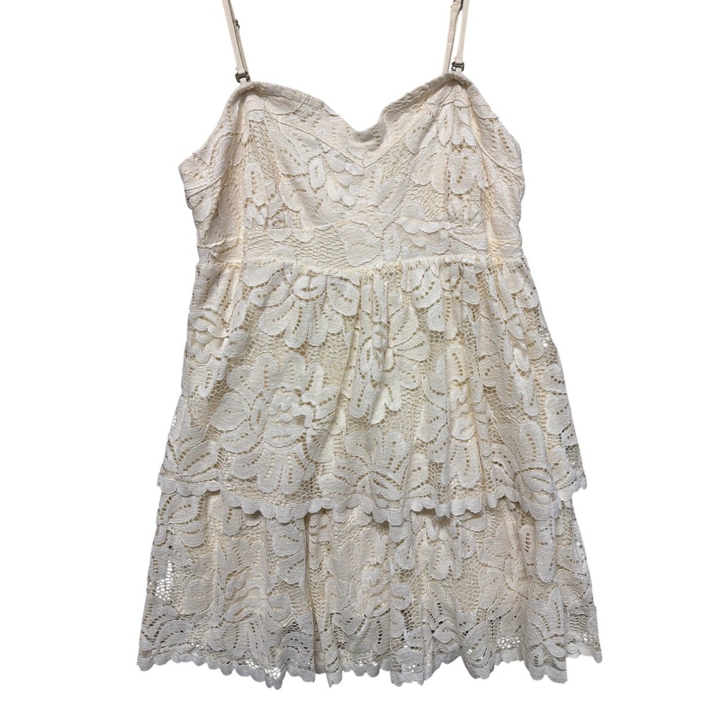 Maeve Anthropologie Ivory Floral Lace Tiered Mini Dress XL‎ Sweetheart Smocked - Picture 3 of 16